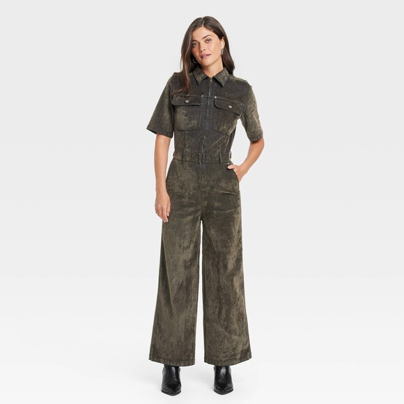 Universal Thread Pants - Holiday Short Sleeve Flocked Denim Jumpsuit - Olive 12